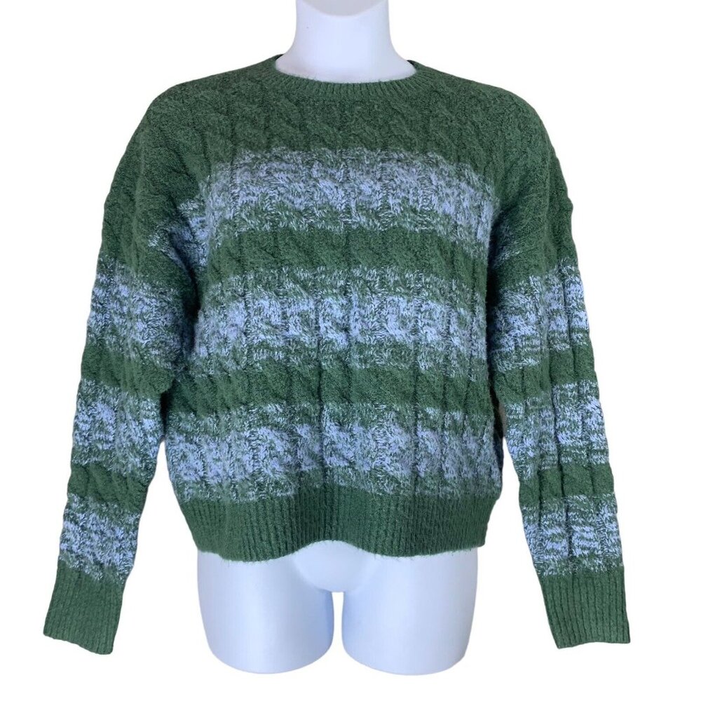 Open Edit Size Large Sweater Striped Blue Green Long Sleeved Womens Pullover